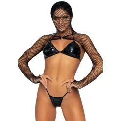 KINK By Leg Avenue Ensemble 3 Pièces Wetlook & Capuche Résille KI4031 Noir