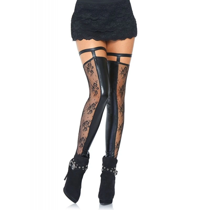 LEG AVENUE Bas Mi-Cuisse Wetlook & Dentelle Noirs Sans Pied 3 LEG AVENUE Bas Mi-Cuisse Wetlook & Dentelle Noirs Sans Pied