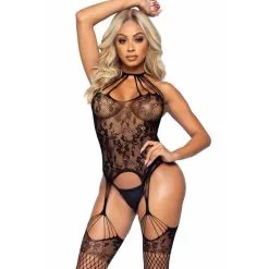 LEG AVENUE Combinaison Porte-Jarretelles 89292 Résille & Dentelle Florale Noire